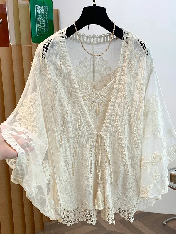 Bohemian Heavyweight Lace Hook Flower Hollow out Women's Summer Outerwear Batwing Sleeve Cardigan Trendy Two-Piece Set