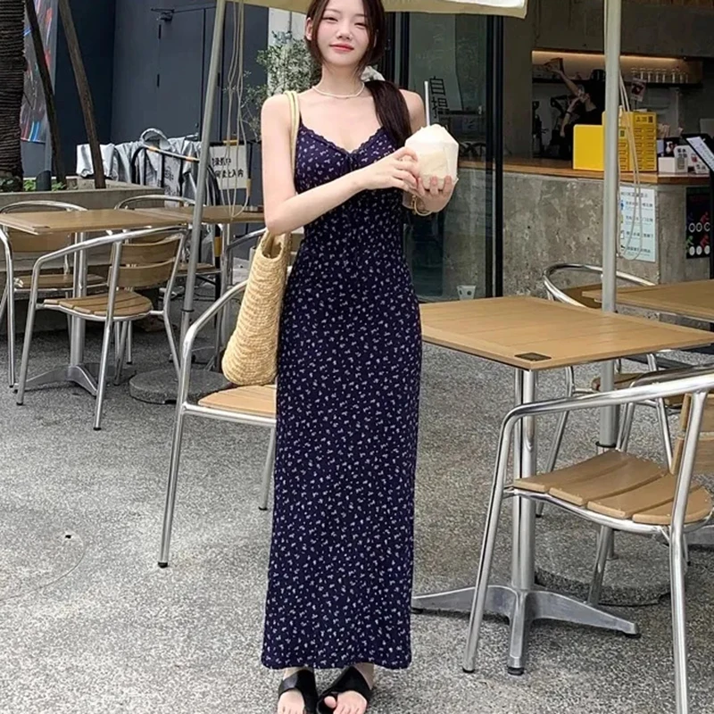 

Vacation Flower Prints Spaghetti Straps Long Dress Women Lace Bowknot Summer Beach Dresses Woman Sleeveless Slim Midi Dress