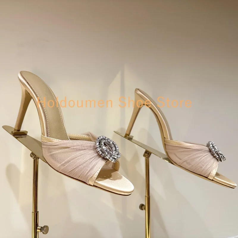 

Multicolor Lace Summer New Trend High Heel Slippers Gorgeous Crystal Diamond Buckle Round Toe Sexy Slingback Stiletto Slippers