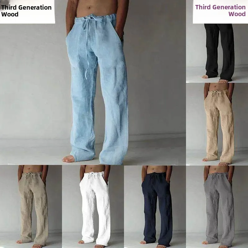 

New Men's Summer Cotton Linen Casual Pants Thin Straight Leg High Street Style Slimming Light Colored American Retro