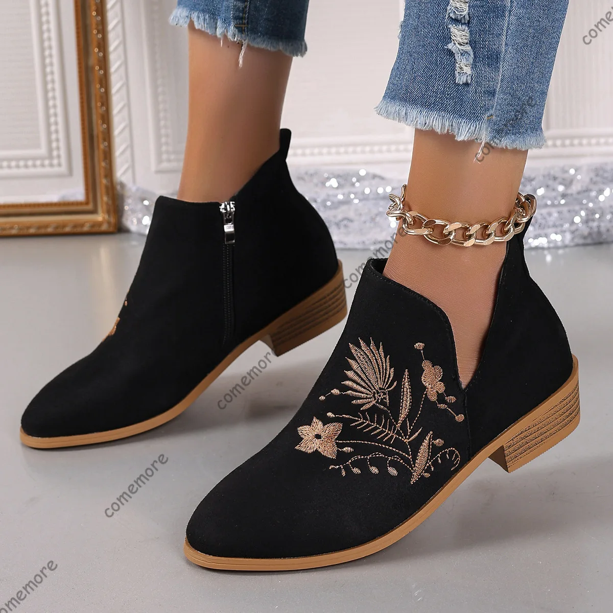 Comemore Women's Boots V-mouth Embroidery Thick Heel Side Zipper Short Boots Autumn Female Shoes Casual Pointed Western Botines