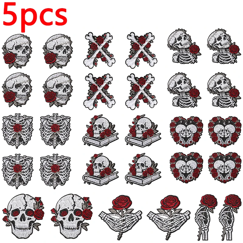 5PCS Punk Rock Skull Embroidered Patch Letter Iron On Patches For Clothing Thermoadhesive Patches For Clothes Jeans Sewing DIY