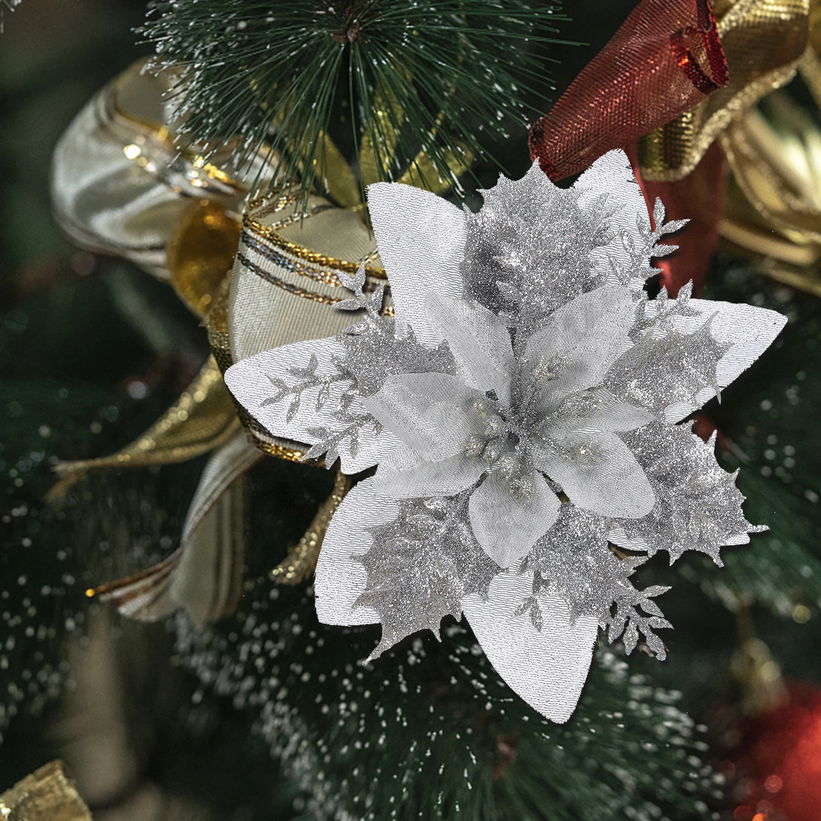

16 Pcs Artificial Flowers Clips Christmas Tree Decor Iron Glitter Poinsettia Reusable Non Fading Xmas Wreath ornaments