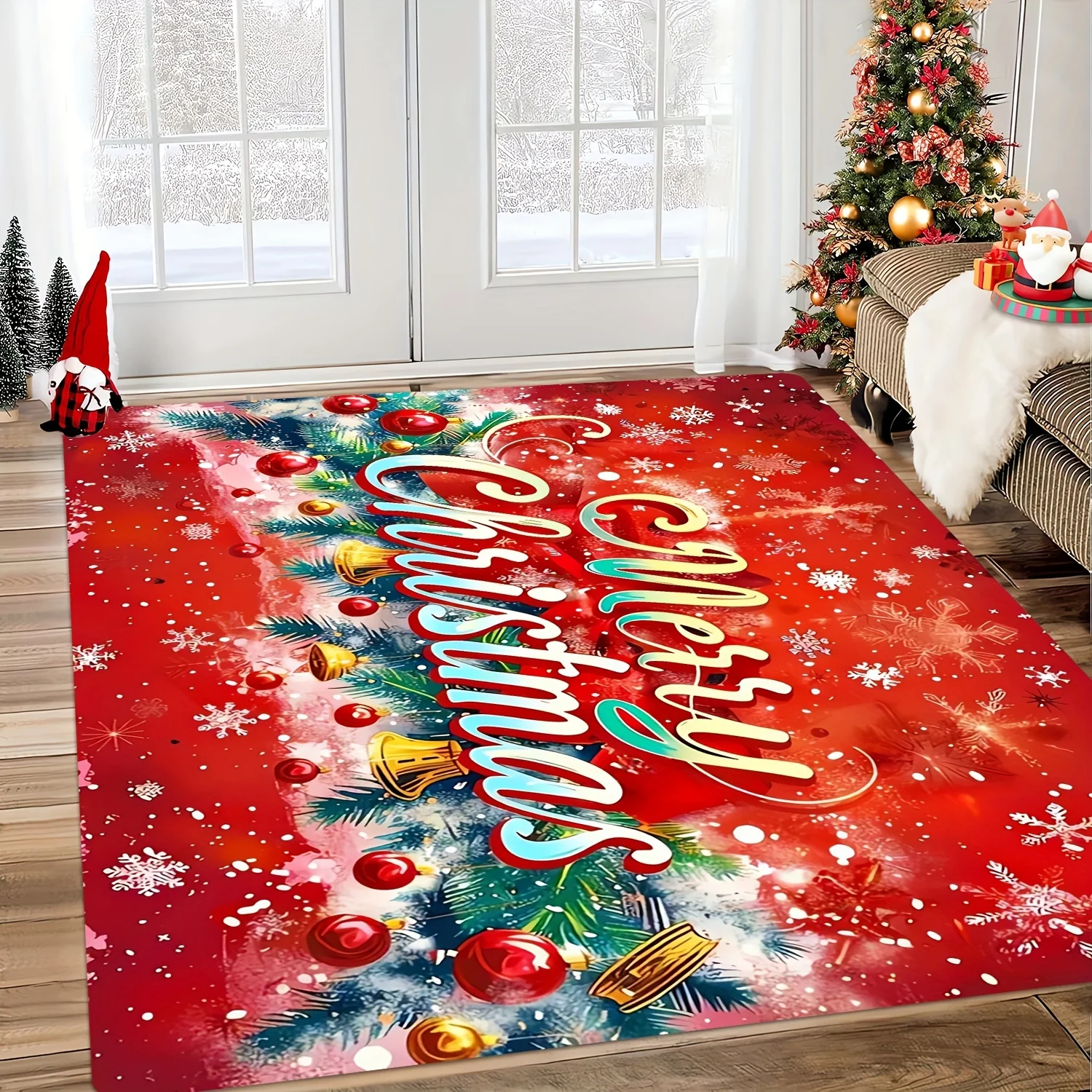 Xmas Snowflake and Bell Wreath Joyful Christmas Design Area Rug,for Game Room,Living Room, Study, Bedroom, Christmas Decorations