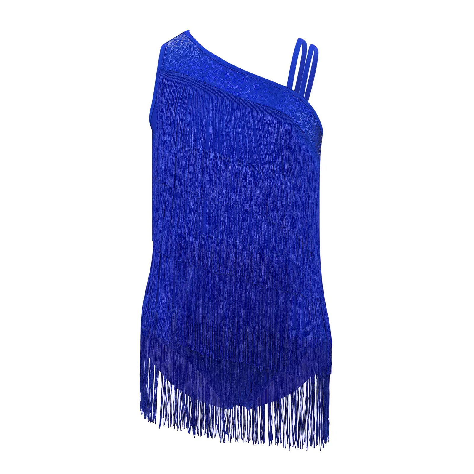 

Kids Girls Stylish Latin Dance Performance Leotards Single Shoulder Sleeveless Tiered Tassels Latin Cha-cha Stage Showing Wear