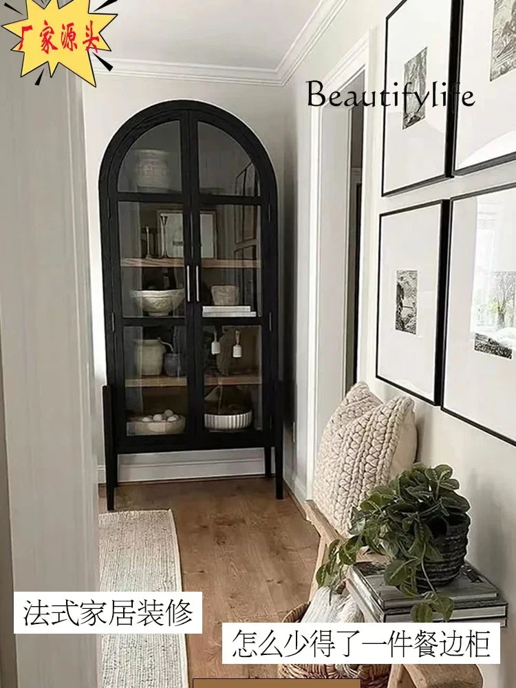 S Nordic Wall Solid Wood Retro Side Cabinet Living Room Arched Bookcase Dining Edge Ash Ultra-Thin Side Cabinet