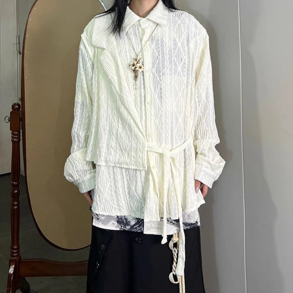 Mens Shirts Thin Straps Irregular Blouses Fall Streetwear Korean Fashion Casual Solid Color Long-Sleeve Tops Men'S Clothing 2024
