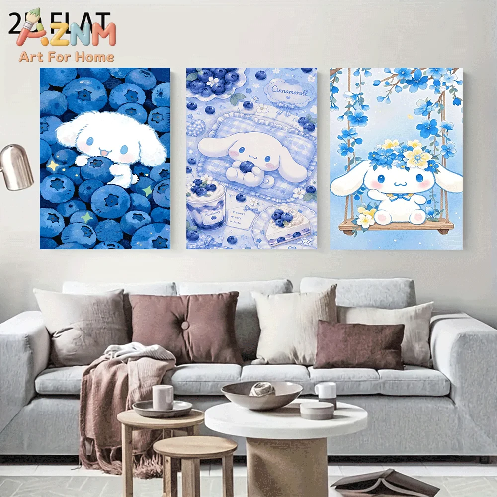 AZNM Cinnamoroll Canvas Wall Art Unframed Cute Cartoon Print Poster Blueberry Flower Swing Dessert Design for Girls Bedroom Livi