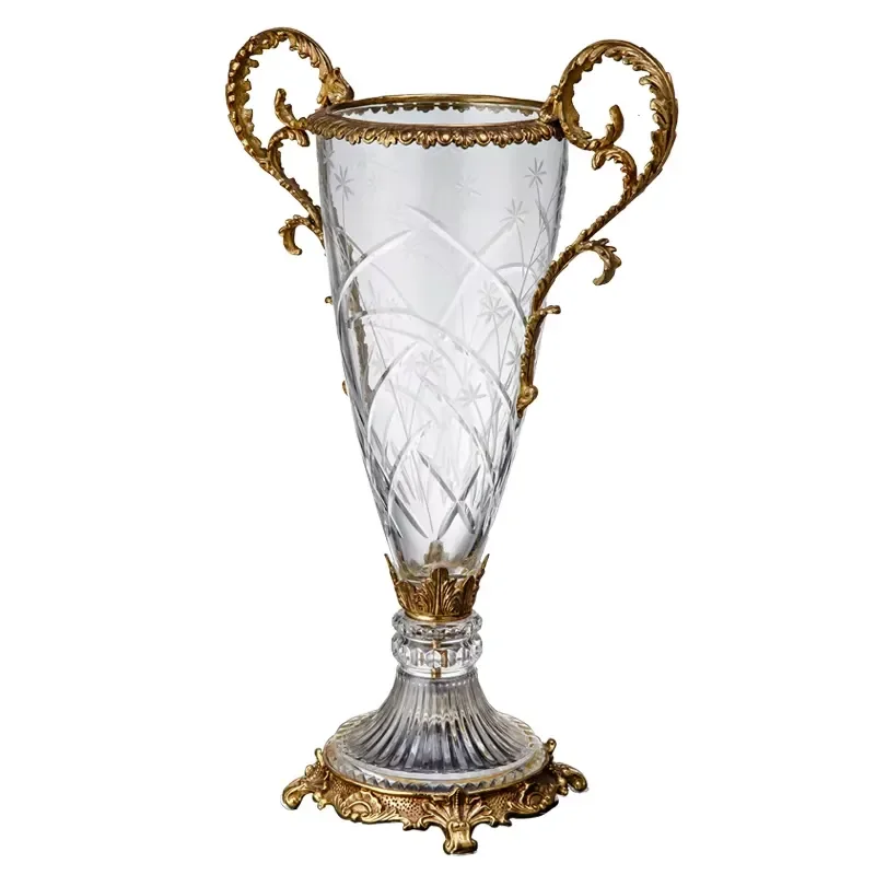 New Design Antique Two Copper Ears clear Crystal Ornamental Flower Jardiniere Pot Stand Home Decor Vase