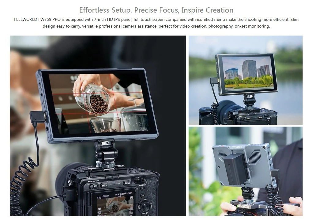 FEELWORLD FW759 PRO 7-calowy monitor wideo do kamery, 1280x800 IPS, dotykowy ekran, kompatybilny z 4K HDMI, monitor HD LCD z funkcją peaking focus. — zdjęcie produktu 4