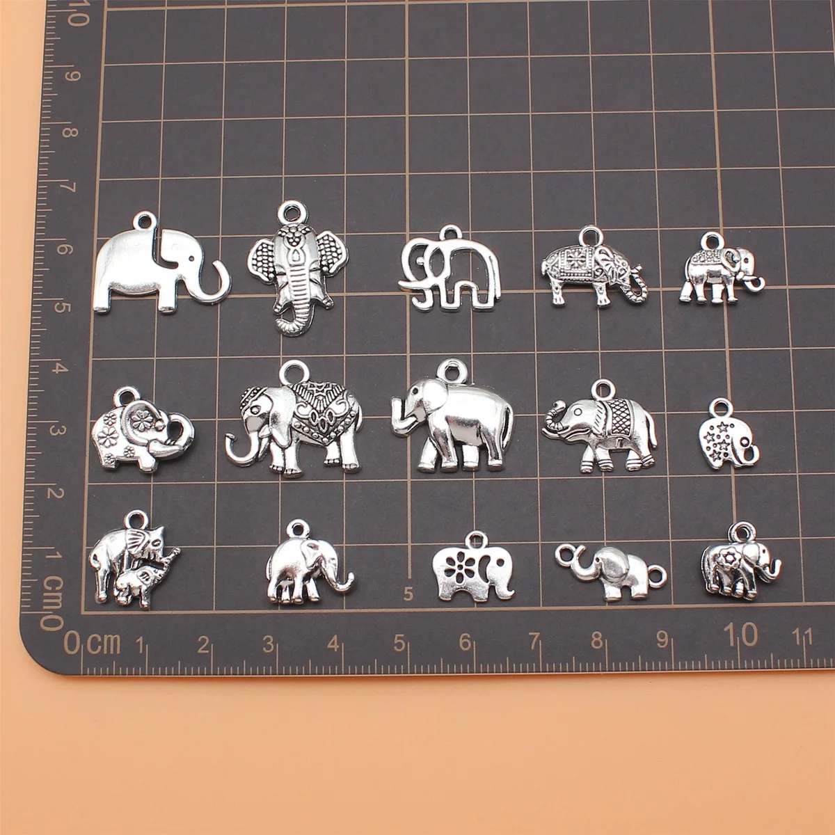 15pcs Antique Silver Color Elephant Charms Collection For DIY Jewelry Making, 15 Styles, 1 of Each