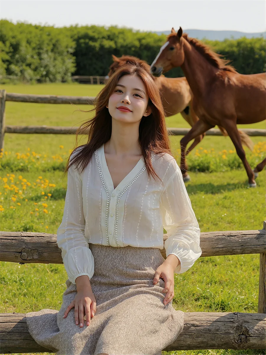 Long Lantern Sleeve Women Elegant Shirts Pearls Beading Slash Neck Off-Shoulder Sexy Design Fashion Chic Casual Lady Blouses