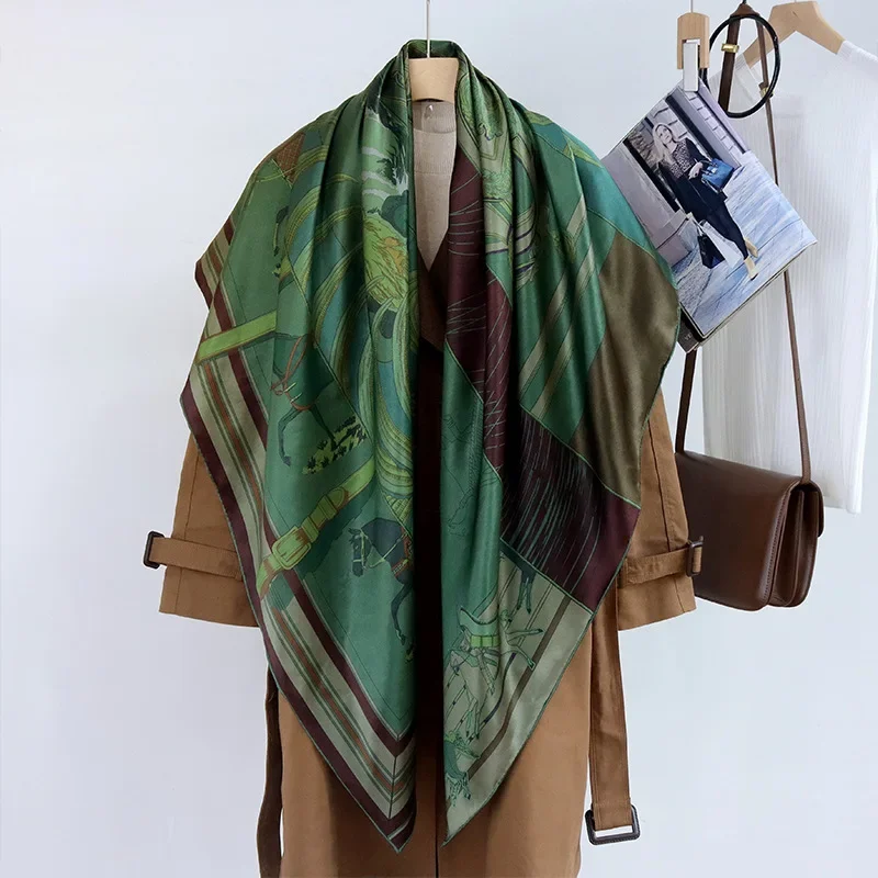 High-end Elegant Women Fine Vintage Green Indian Print Quality 18MM Plain Satin Silk Hand-rolled Edge Large Square Scarf Shawl