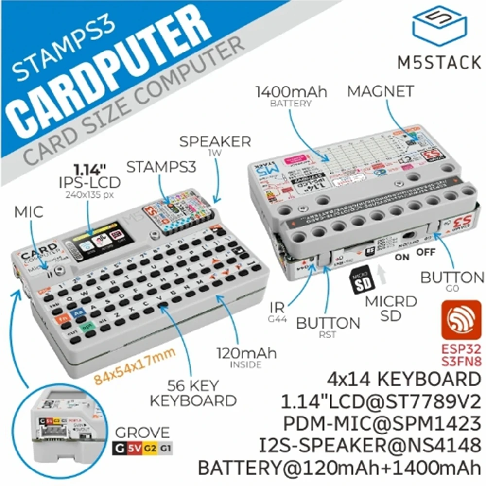 M5Stack Cardputer ESP32-S3 Portable Embedded System IoT Development Board 56 Key Card Keyboard Microcontroller Kit w/ M5StampS3