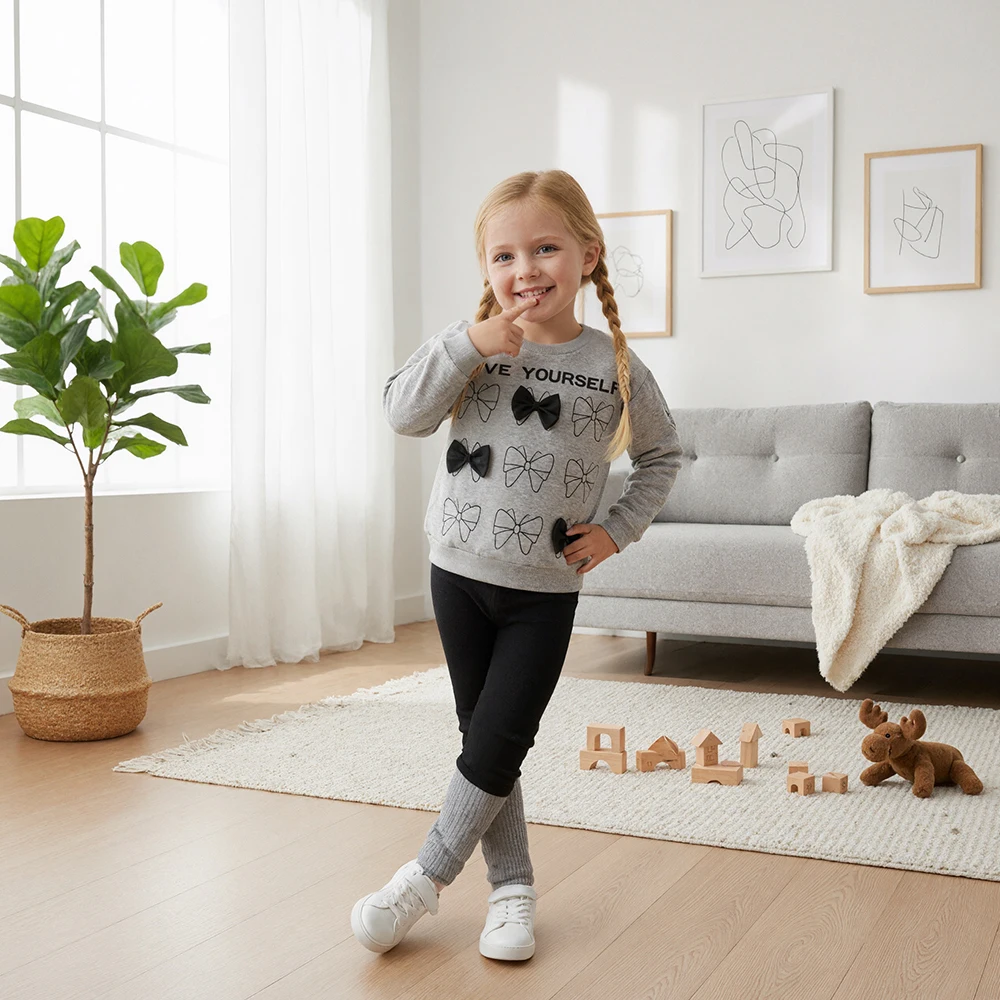 

Комплект осенне-зимнего пуловера для девочек — вязаный свитшот с бантом и буквенным принтом + леггинсы с нашивками, теплый серый спортивный костюм, дети от 4 до 7 лет