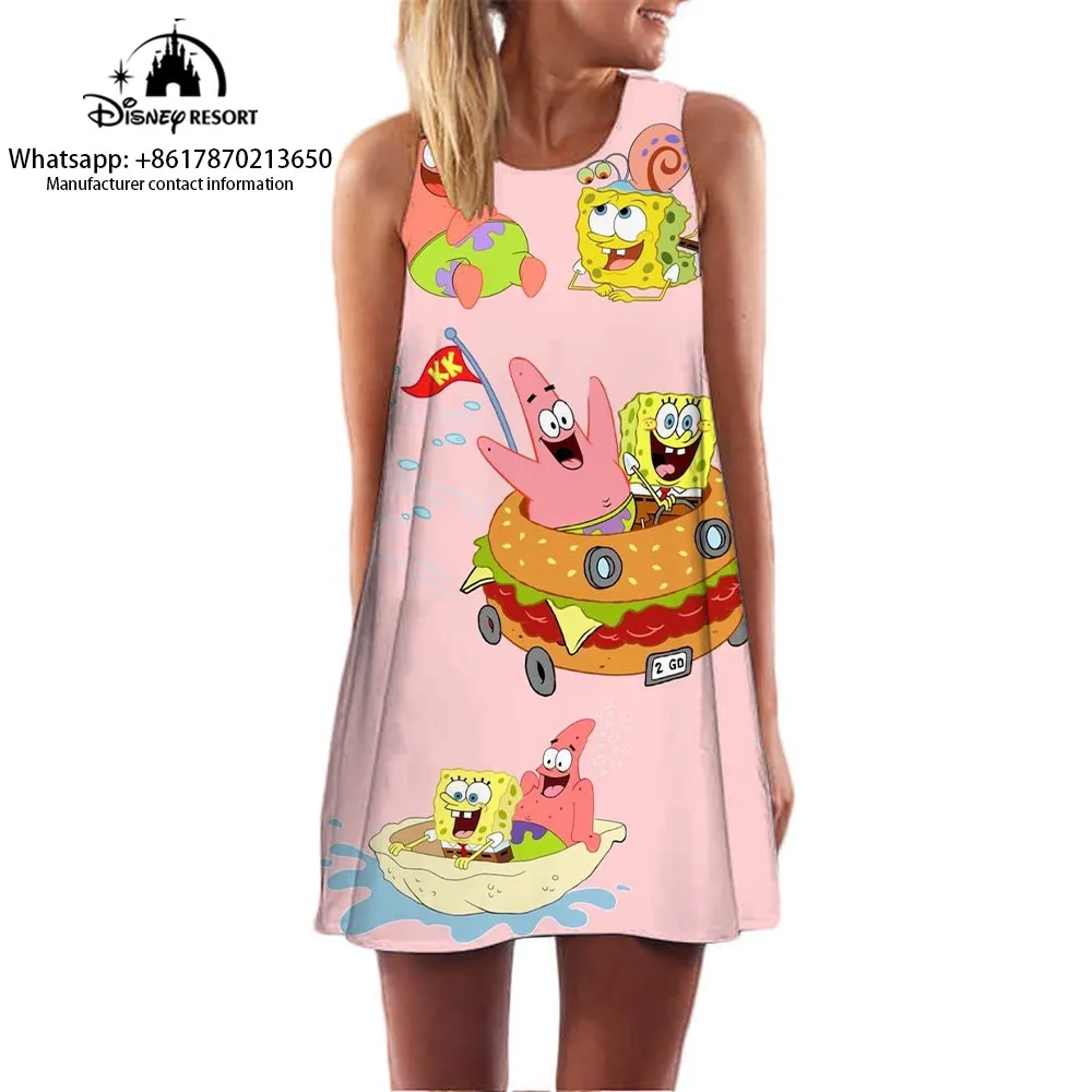 Sleeveless round neck dress Spongebob cartoon pattern print dress summer comfortable casual dress 2024 summer new style