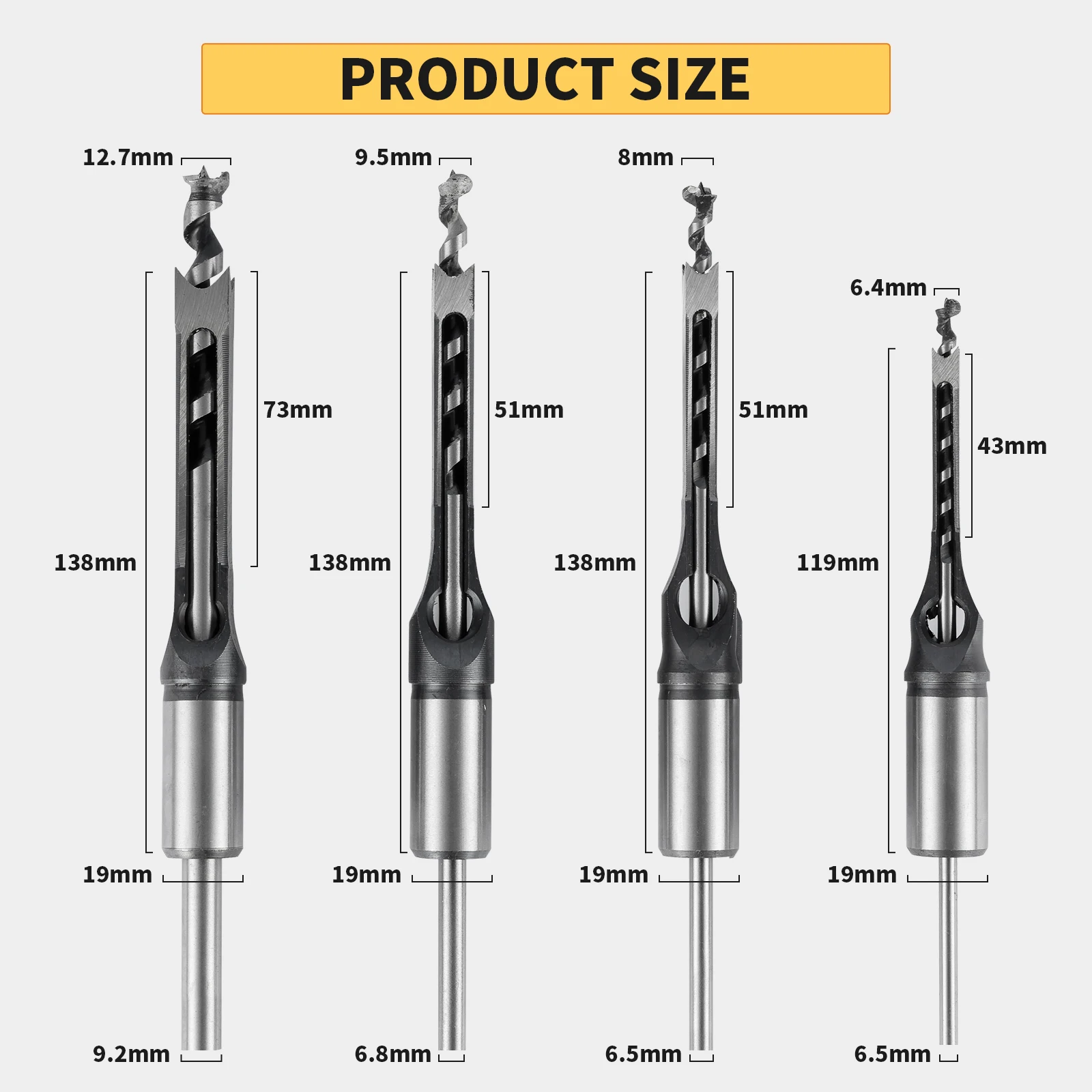 5pcs Square Hole Drill Bit Set, Mortising Attachment for Drill Press, Woodworking Square Chisel & Drill Bit Adapter Kit