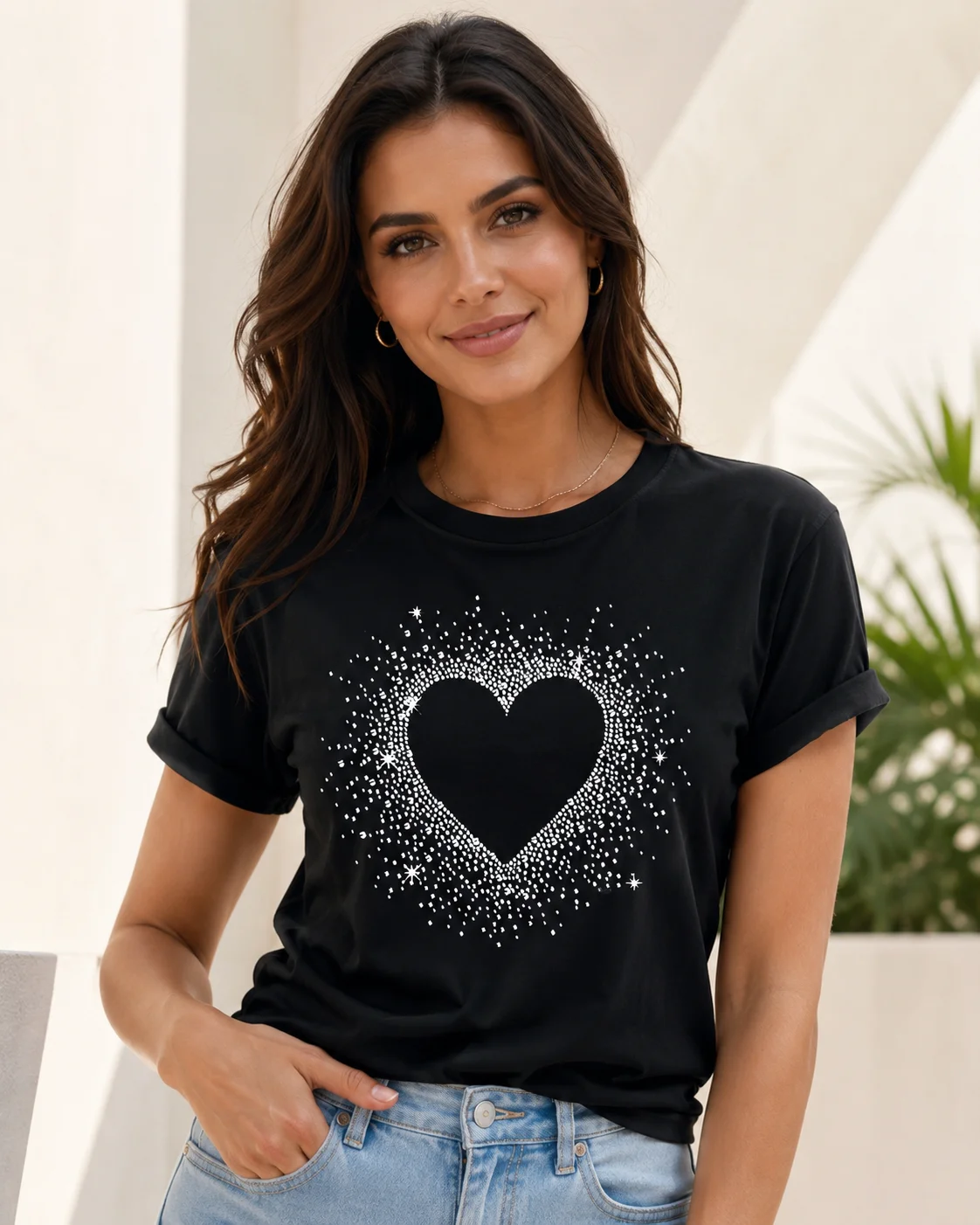 Women Cotton Fashionable T-shirt with Black Heart-shaped Printed Round Neck Short Sleeved Casual Top for Parties and Casual Wear