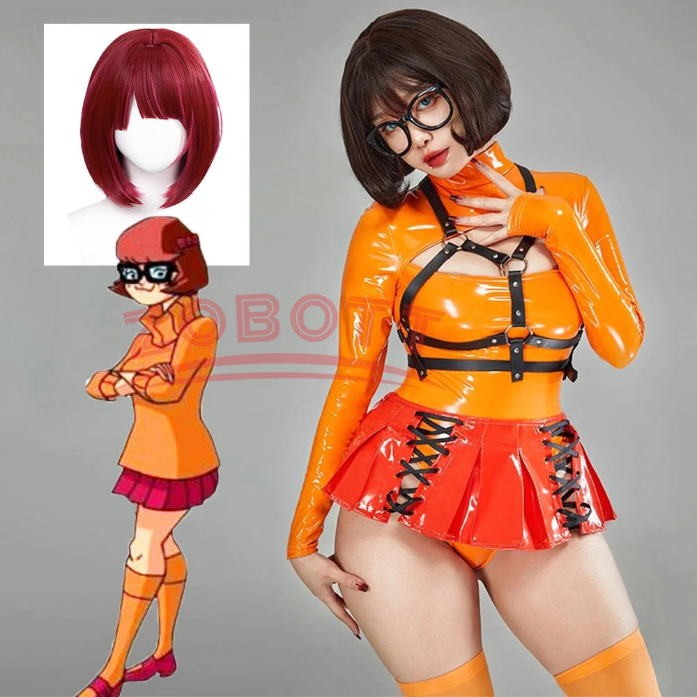 Disfraz de Anime Velma para mujer, lencería, mono abierto en el pecho naranja y minifalda con cordones y calcetines, accesorios para peluca