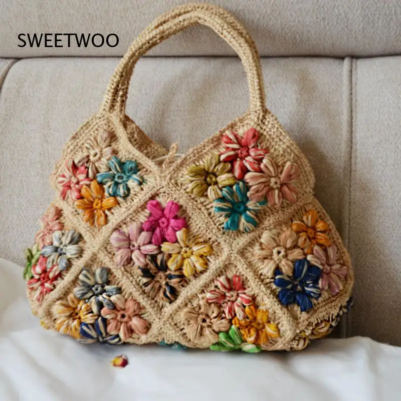 2026 Bohemian Style Raffia Woven Handbag with 3D Floral Applique Large Capacity Casual Shoulder Bag Ladies Daily Use
