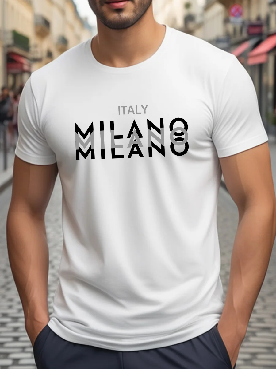 Camiseta blanca de manga corta con estampado gráfico de 'MILANO ITALY', camiseta informal con cuello redondo para hombre, ropa de calle a la moda