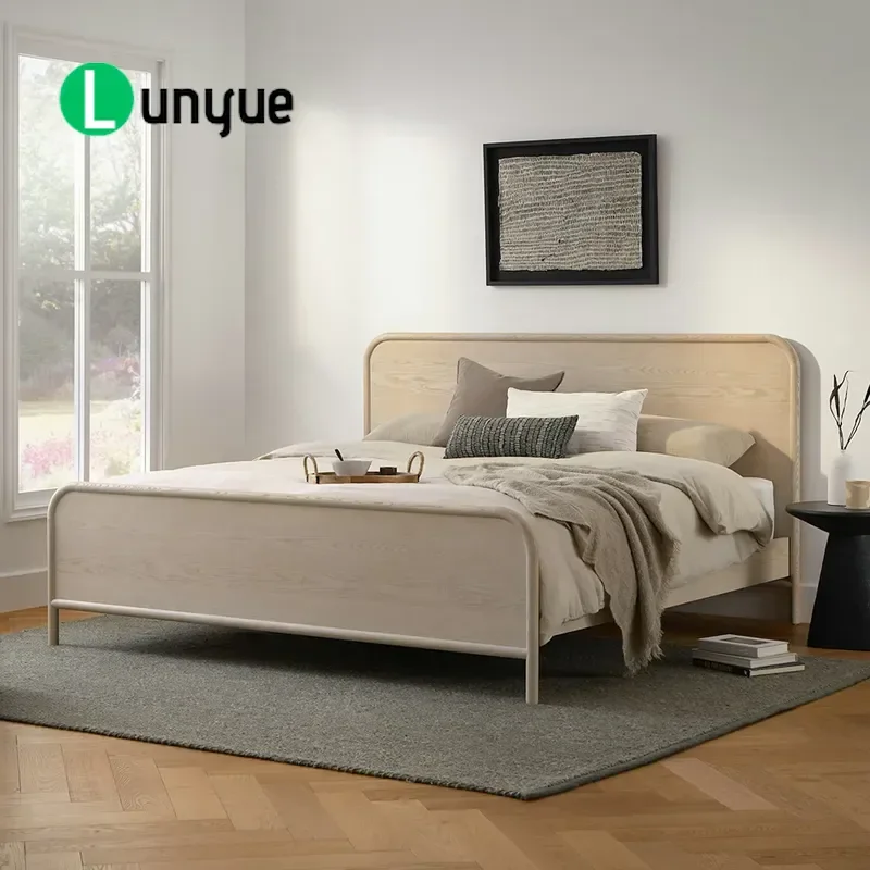 Modern American Natural Oak Queen Bed Frame Round Master Bedroom Luxury Ecological Wood Furniture Customizable Size Home