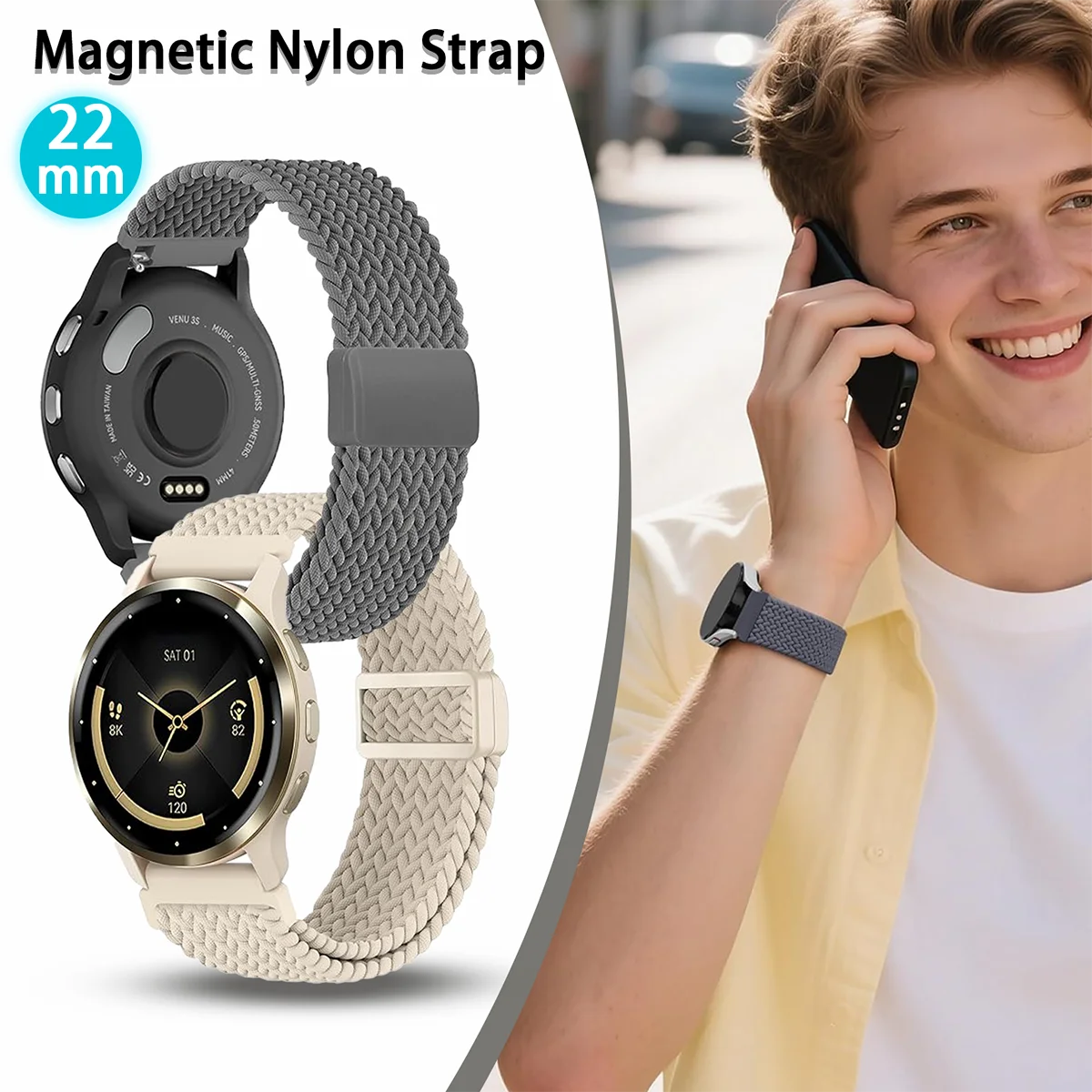 22mm Nylon Band for Samsung Galaxy Watch 3 45mm/Garmin Venu 4 3 45mm/Forerunner 570/255/265/Amazfit Helio/Bip 6/5/Balance 2 Band