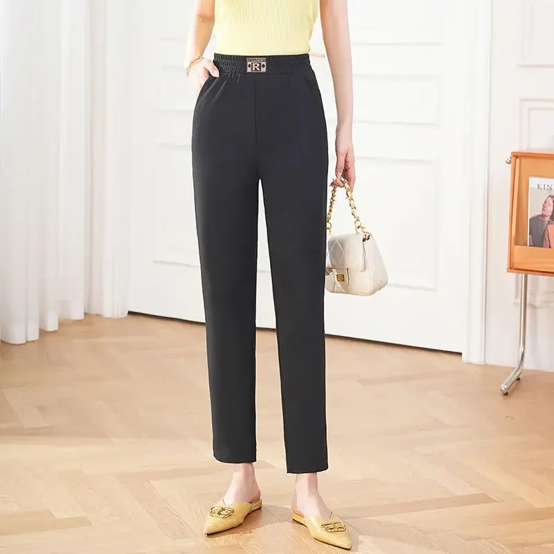 

Commuter Trendy Trousers Straight Elastic High Waisted Solid Color Letter Rivet Women's Clothing Spring Autumn Cropped Pants