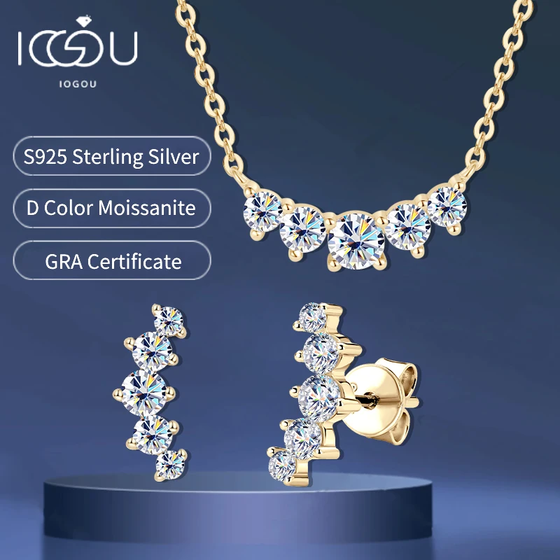 

18K Gold Plated 925 Silver Real Moissanite Jewelry Set 5-Stone Smile Pendant Necklace Stud Earrings Sets for Women Christma Gift
