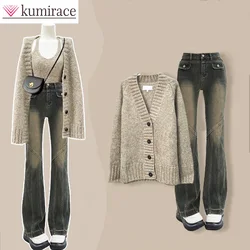 A Complete Set of Women's 2024 New Korean Version Suspender Knitted Jacket and Jeans Three Piece Set for Autumn and Winterpant S