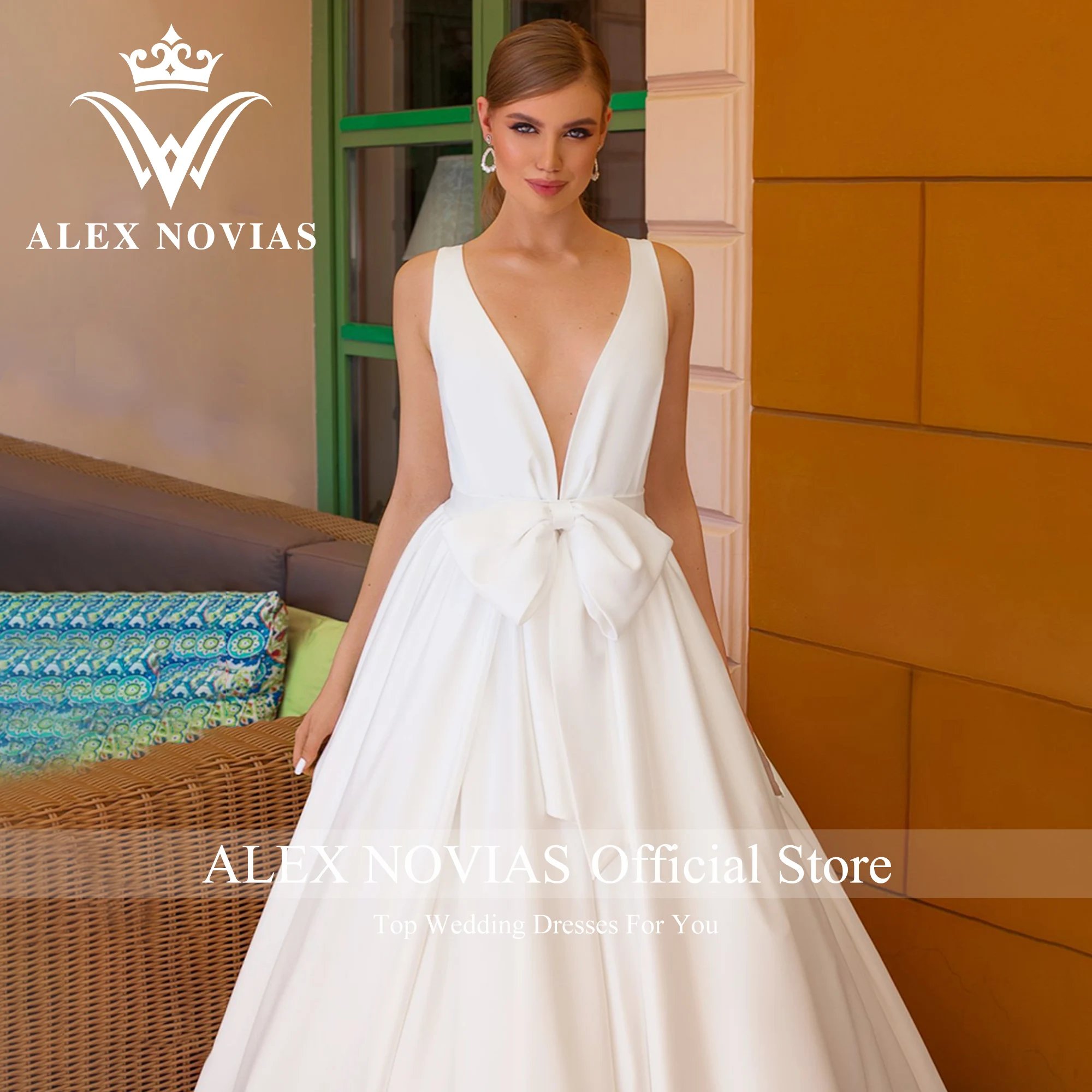 ALEX NOVIAS Ball Gown Wedding Dresses With Jacket Bow 2023 V-neck Floral Print Lace Satin Wedding Gown Vestido Novias De Saten