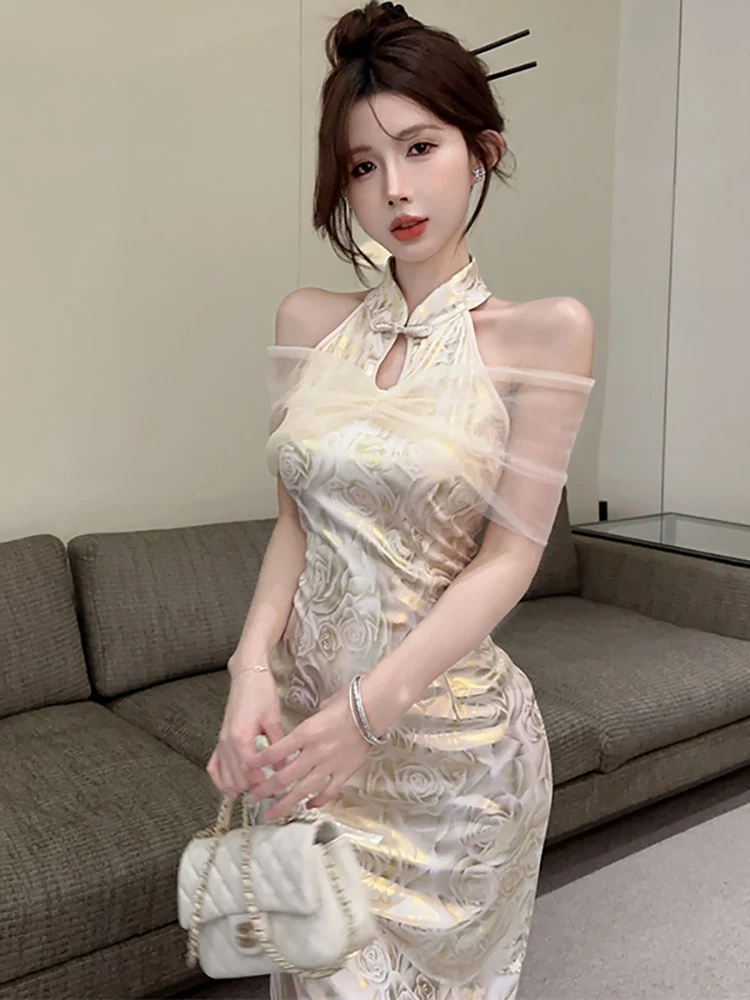 

Summer Floral Patchwork Mesh Neck-mounted Dress Women Elegant Luxury Evening Dress 2025 Korean Vintage Bodycon Festival Vestidos