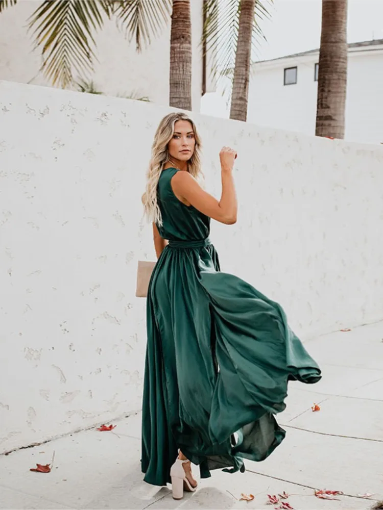 

Style V-neck Sleeveless High Slit Plus Size Dress 2026 Summer New Women's Fashion Casual Solid Color Long Dress Female