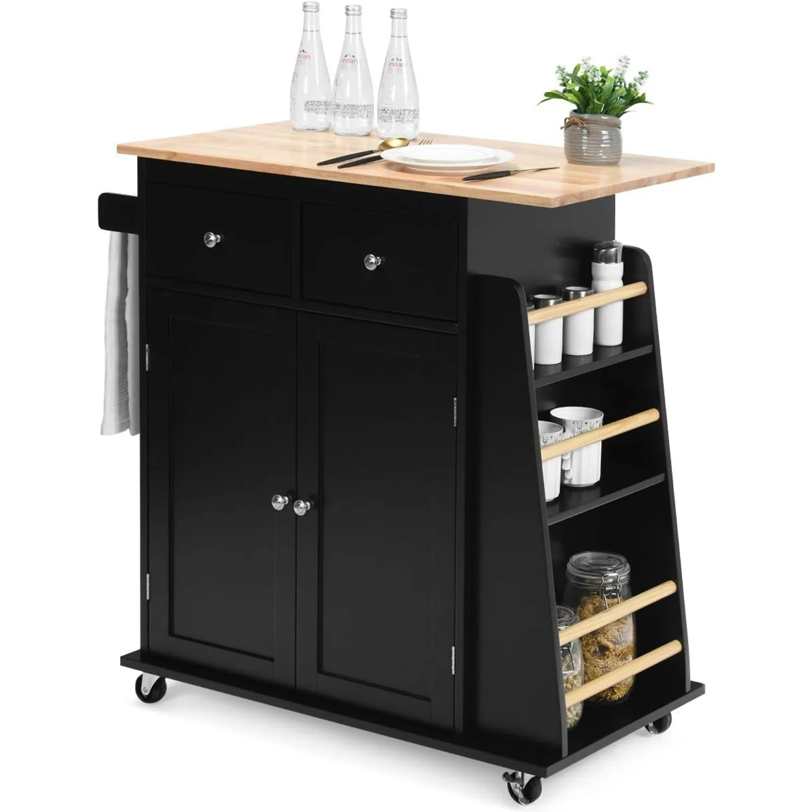 

US Kitchen Island Cart, Rolling Wood Trolley with Storage Cabinet, Towel Handle, 2 Drawers, Side Spice Rack and