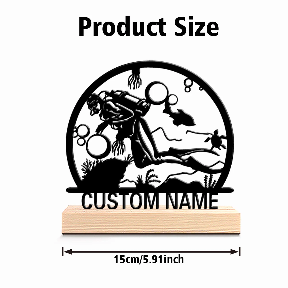 1pc Romantic Personalized Custom Diver Metal Statues Ocean-Inspired Desk Art with Wooden Base Ideal for Beach Houses Zen Offices