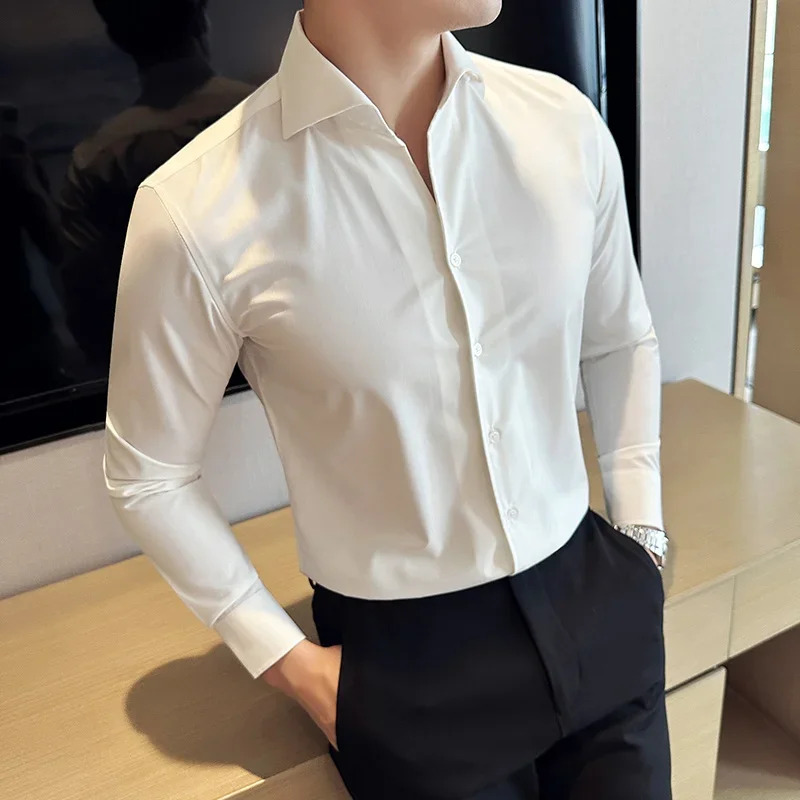 British Style V-neck Shirt for Men Temperament Long Sleeved Casual Business Dress Shirt Slim Fit Office Social Camisa Masculina