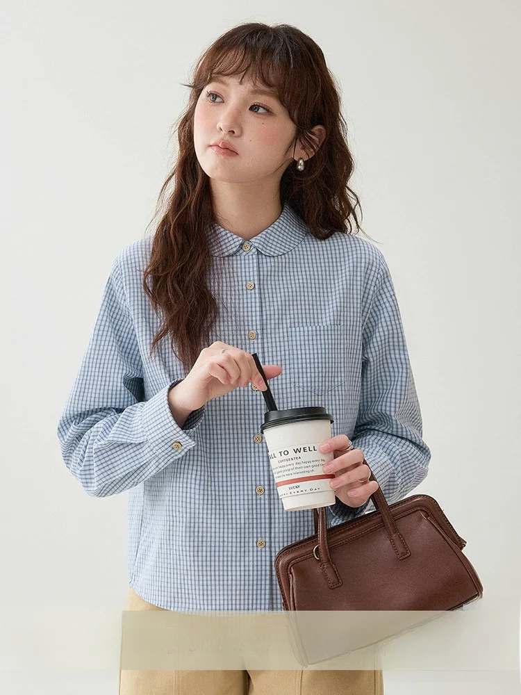 

Женская рубашка AMUU синяя в клетку с воротником-стойкой и бантом, с длинным рукавом, новая коллекция ранней весны, повседневная, для создания молодежного образа