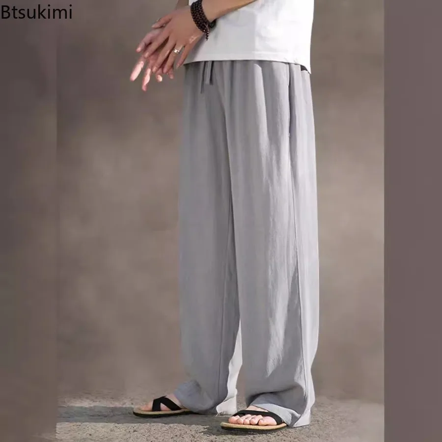 Summer Casual Linen Trousers for Men Loose-fit Straight-leg Cropped Pants Chinese Style Summer Thin Cotton Linen Wide Leg Pants