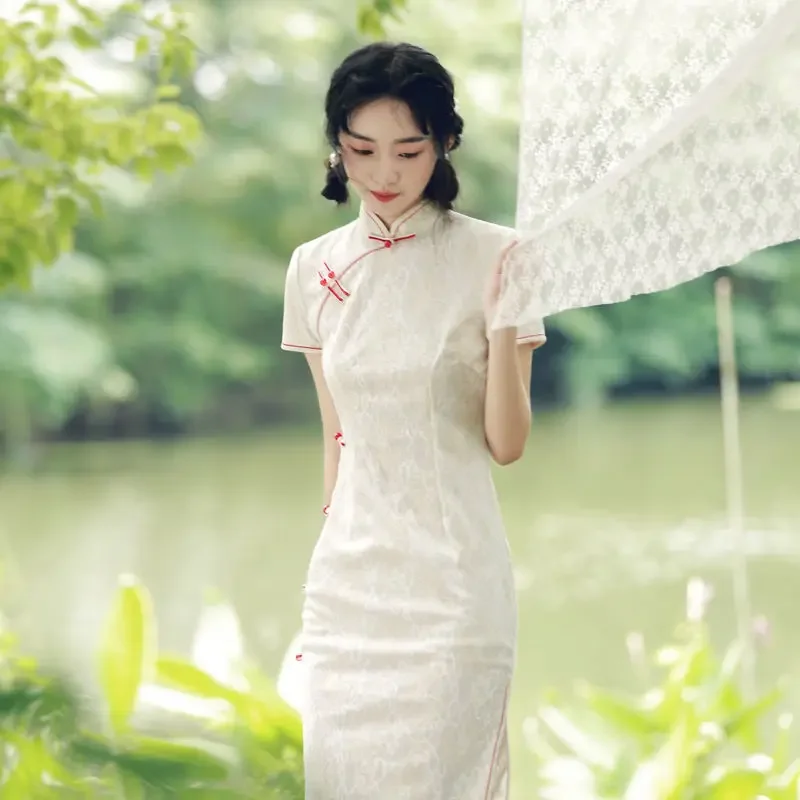 

White Lace Cheongsam Elegant Modern Daily Chinese Improved Qipao Dress 2024 New Summer Oriental Long Young Styles Dress
