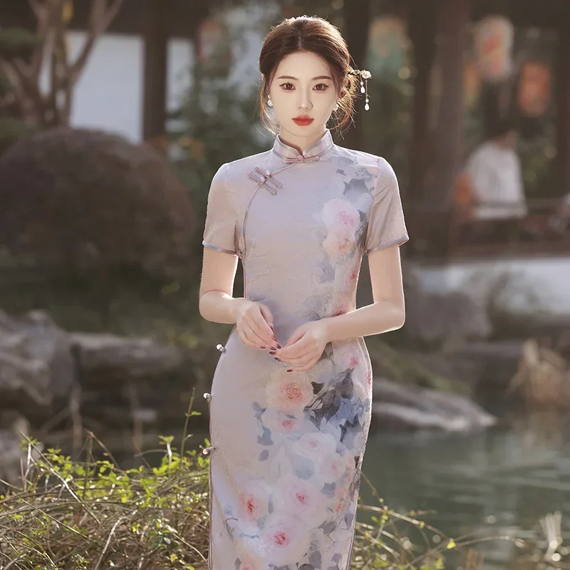 Yourqipao Double Layer Jacquard Silk Long Catwalk Slimming Temperament Cheongsam Improved Slim Chinese Qipao Dress for Women