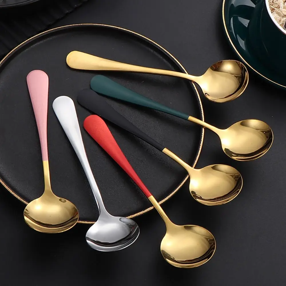 1Pcs 17cm Stainless Steel Round Soup Spoons Coffee Stirring Spoon Tableware Dessert Spoon Dishwasher Safe Kitchen Tool