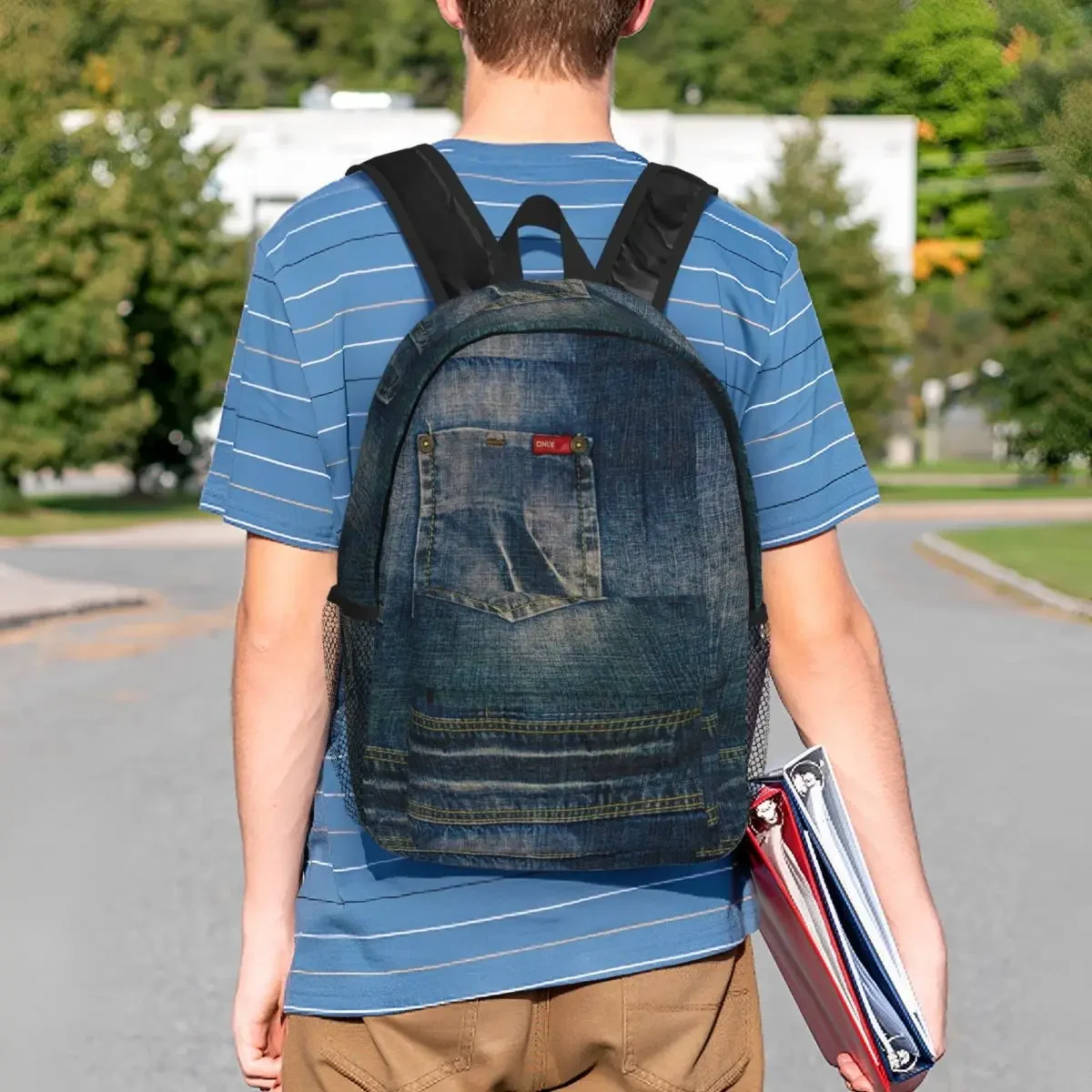 Mochila de mezclilla I Love Bluejeans con bolsillo para la arena, morral escolar de moda para estudiantes, morral de viaje para adolescentes