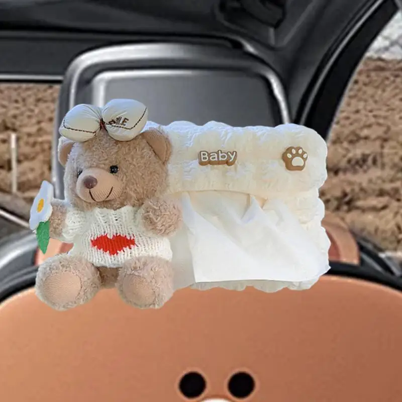 Auto Bear Tissue Organizer Supplies Stuffed Bear Hunging Napkin Storage Bag Car Animals Bear Facial Tissue Container For Car