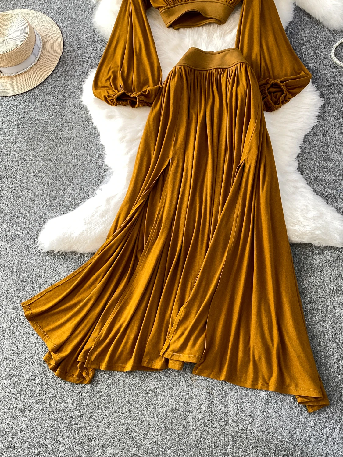 Chic ort Folded Waist Lantern Sve Top High Waist Slimming Asymmetrical Slit Long Skirt Set Lightweight Mature Sle