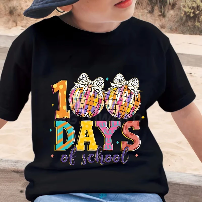 New Girls T Shirt Glitter 100 Days Shirt Children Clothes Girl Disco Ball 100 Days Of School Fashion T-Shirt Retro School Tee