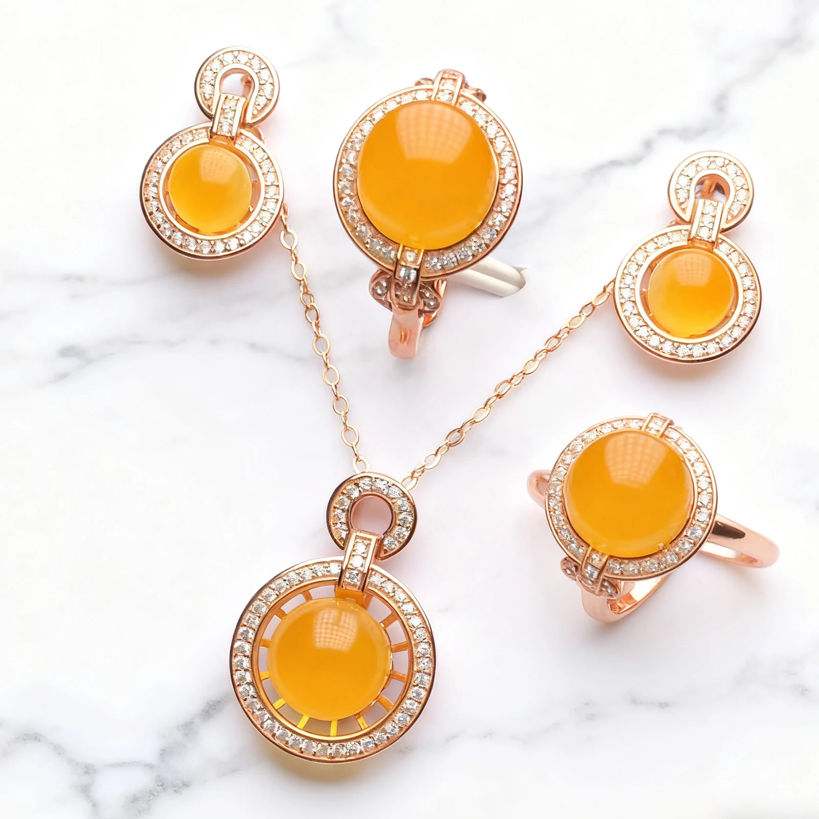 

Women's AmberJewelrySet 3Pcs Ring10mm Pendant10mmEarrings7mm Sterling Silver Openwork Natural Baltic Amber WhiteSide Stones Gift