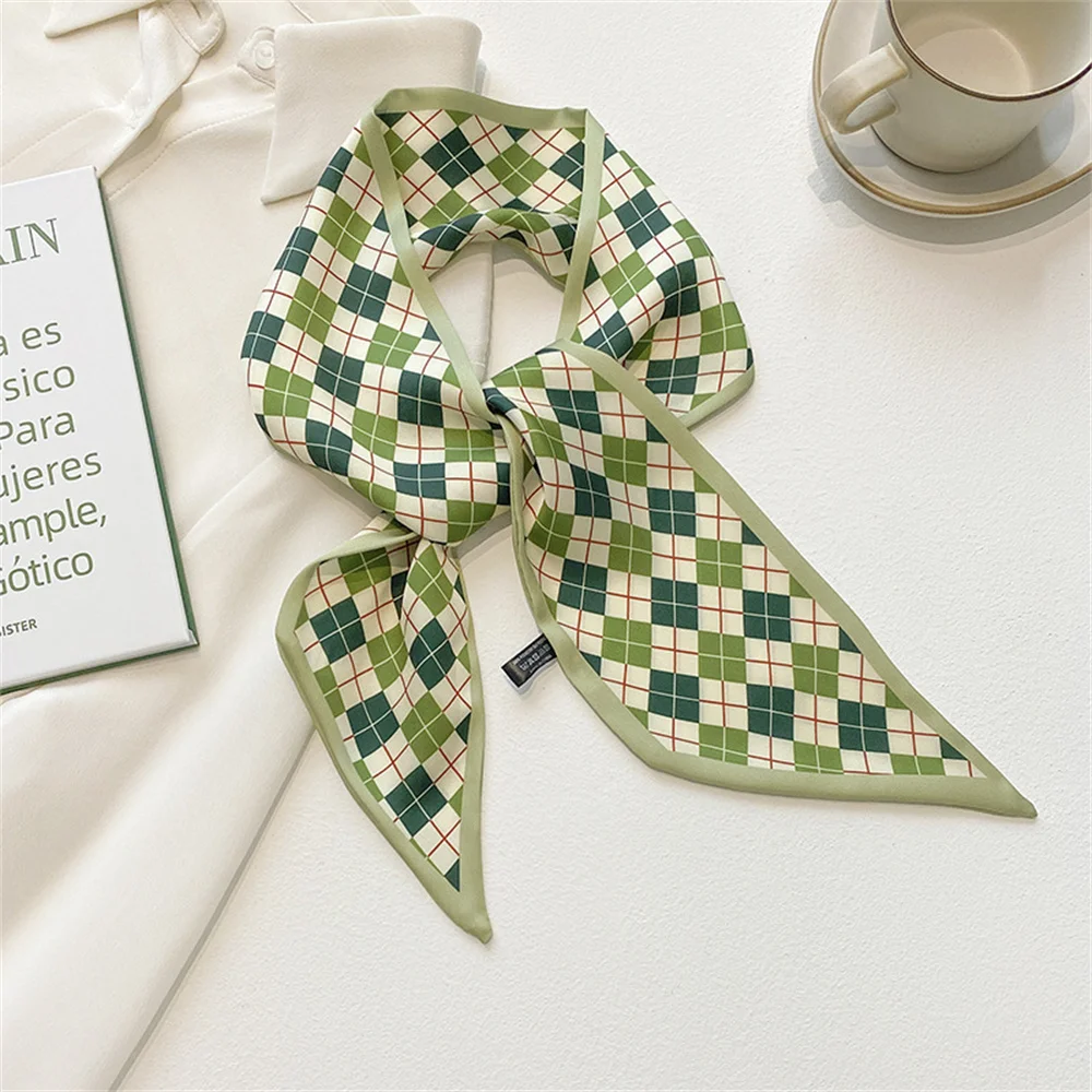 Fashion Green Floral Silk Scarf Hair Band Long Ribbon Bow Korean Flower Print Hair Scarf Women Ponytail Holder Hair Accessories