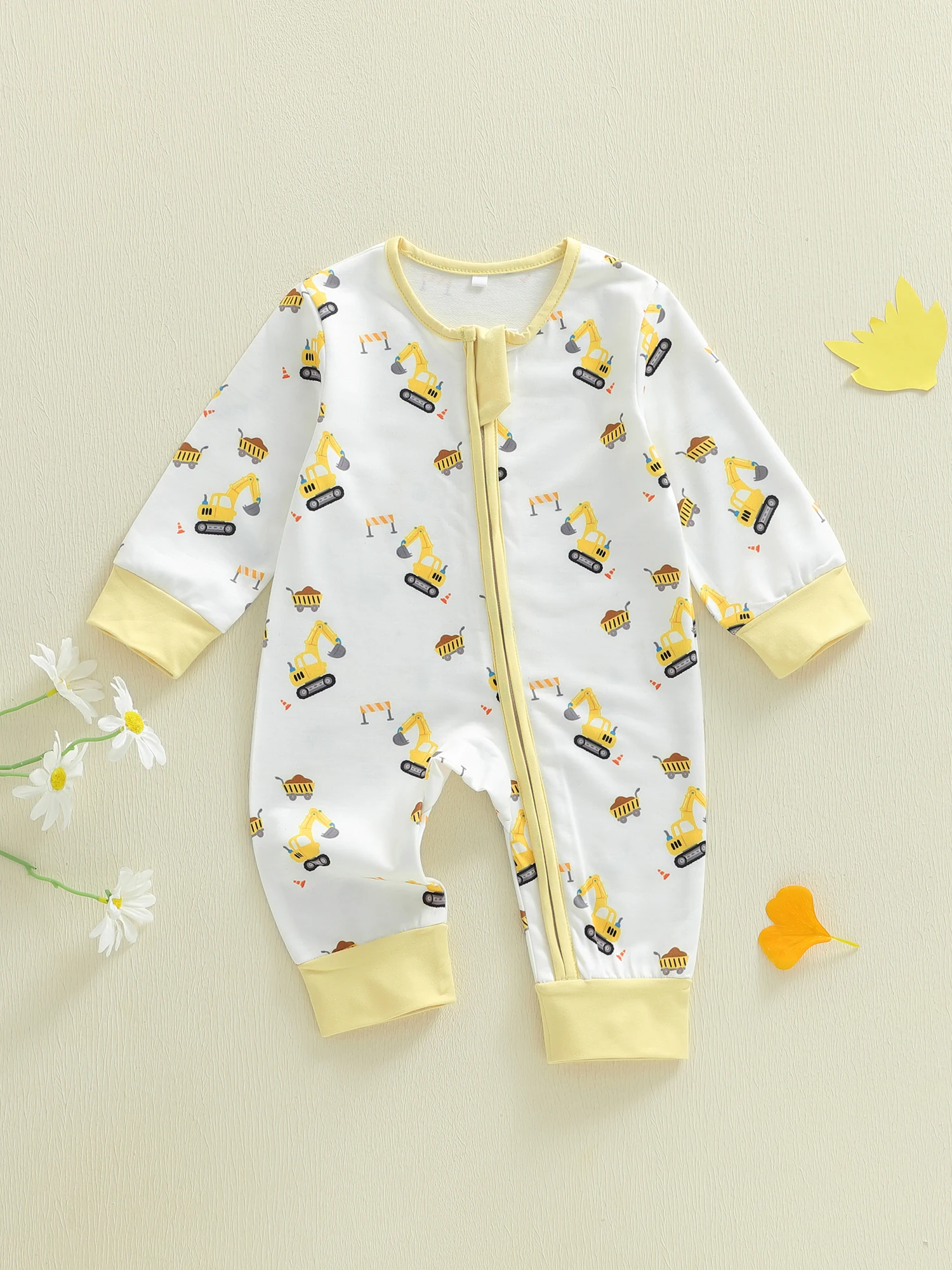 

Infant Boys Fall Fashion Oblique Zipper with Long Sleeves and Excavator Print - Adorable Crewneck Romper for Autumn