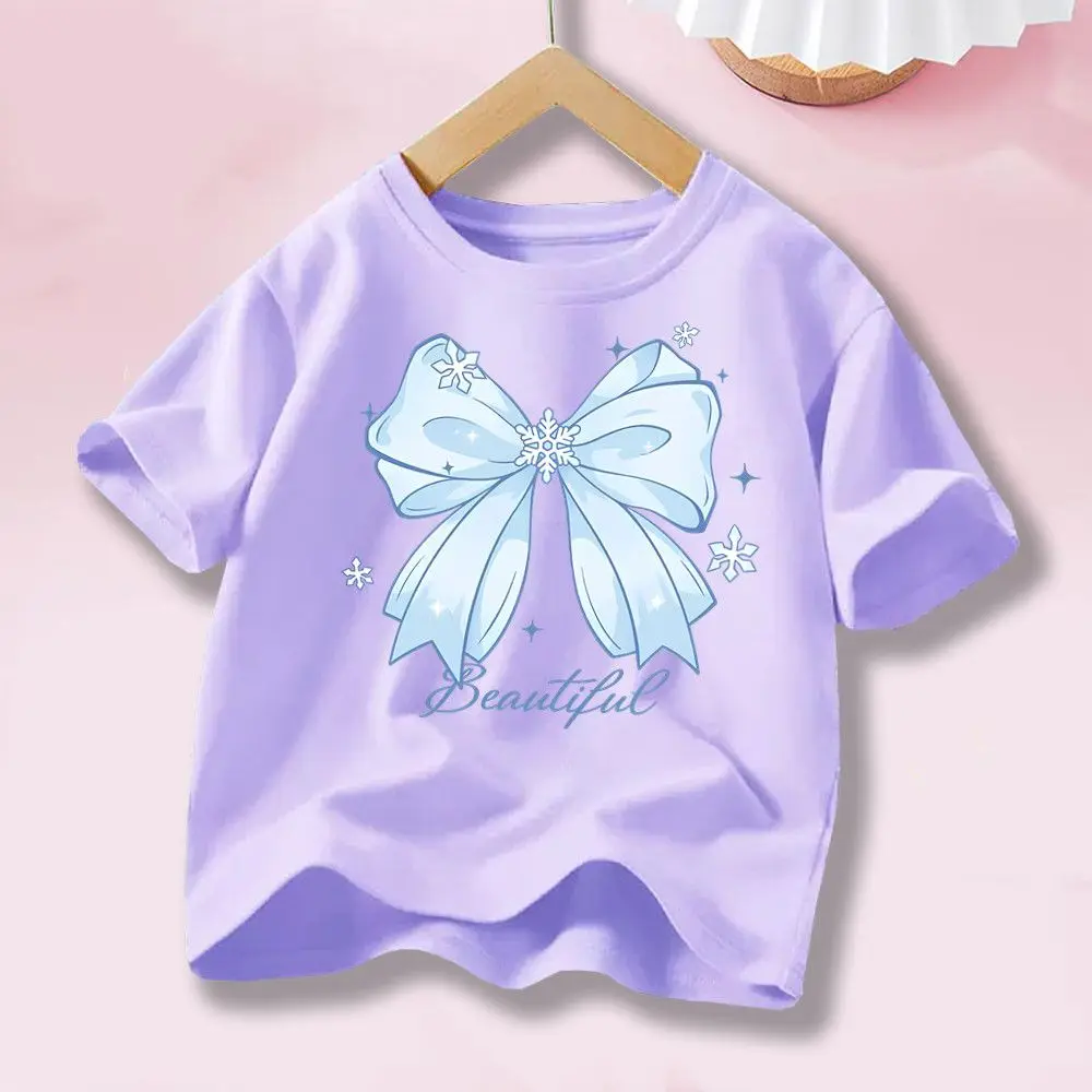 Girls' Summer Short Sleeve T-shirt - Blue Bow & Snowflake 