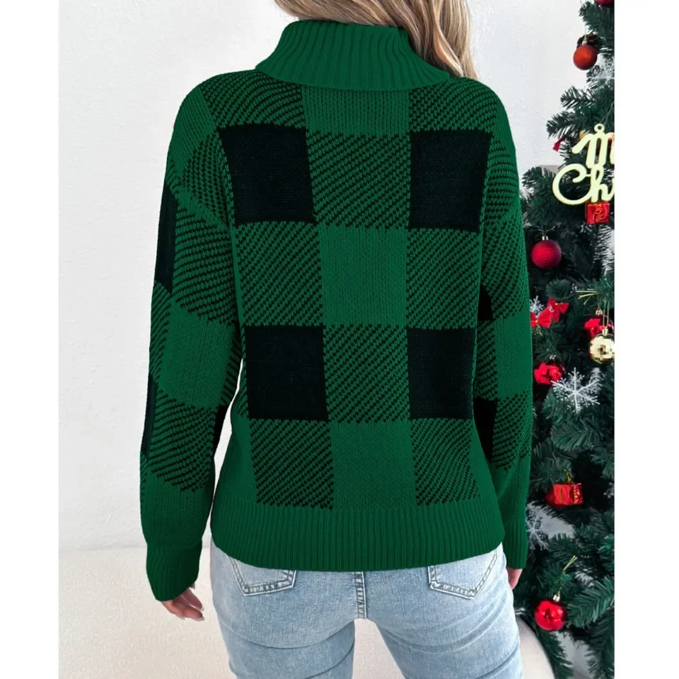 Fashion Knitted Printed Checkered Color-blocking Lantern Long-sleeved High-neck Sweater Autumn New Christmas Women Pullover Top